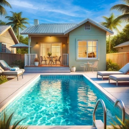 Charming Florida Home with Private Pool and Patio Cozy single-story Florida home with a private pool and patio area, featuring lounge chairs and an inviting outdoor setting area.