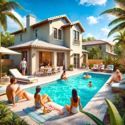 Florida Pool Home with Private Backyard Small Florida home with a private backyard pool and people enjoying the sun.