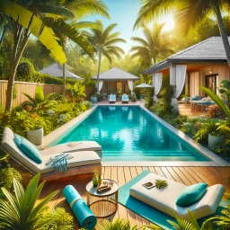 Serene backyard pool in a luxurious Florida home with tropical landscaping in Lehigh Acres, Florida Serene backyard pool surrounded by tropical landscaping in a luxurious Florida home with cozy seating and palm trees.