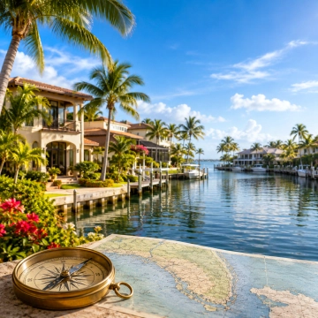 Local Southwest Florida Expertise Southwest Florida waterfront neighborhood with palm trees, map, and compass