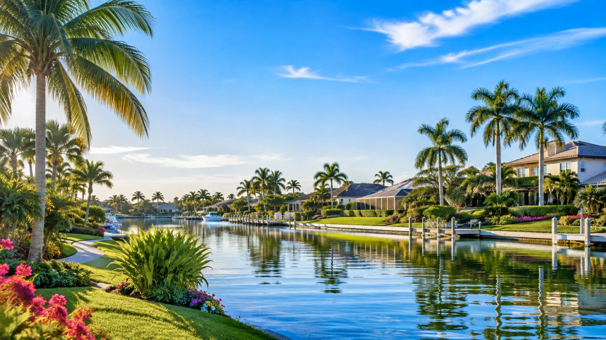 Southwest Florida Waterfront Neighborhood Southwest Florida waterfront neighborhood with palm trees and homes