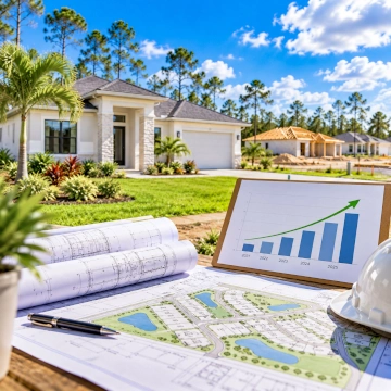 New Construction and Residential Growth in Lehigh Acres Blueprints and a growth chart with newly built homes in the background, representing new construction and residential growth in Lehigh Acres