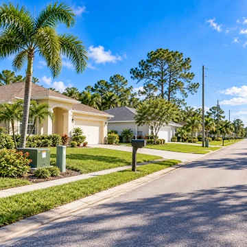Utilities and Infrastructure in Lehigh Acres Residential street in Lehigh Acres with homes and utility infrastructure, representing water, sewer, well, and septic considerations