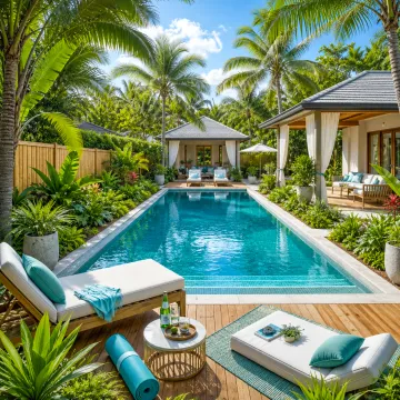 Serene Backyard Pool Home in Lehigh Acres, Florida Serene backyard pool surrounded by tropical landscaping in a Florida home